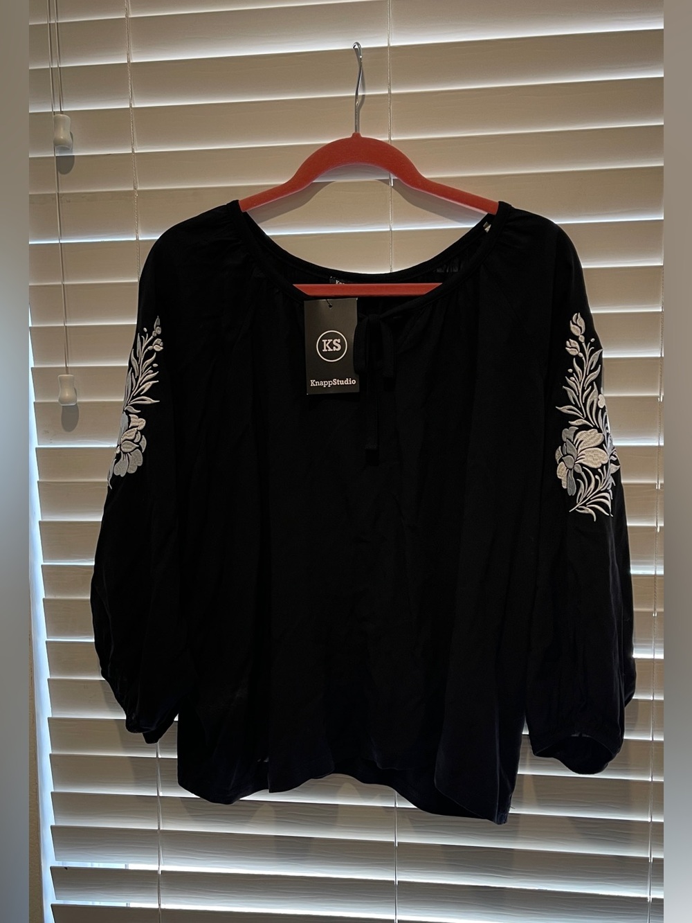 Studio Black Peasant Top with White Floral Sleeve Embroidery